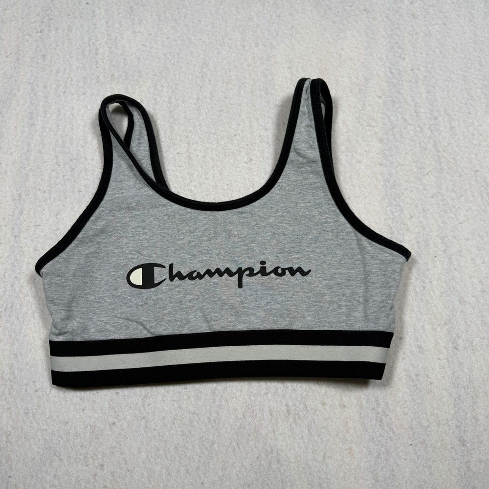 Champion Womens Heather Gray Striped Elastic Band Sports Bra Logo Size L